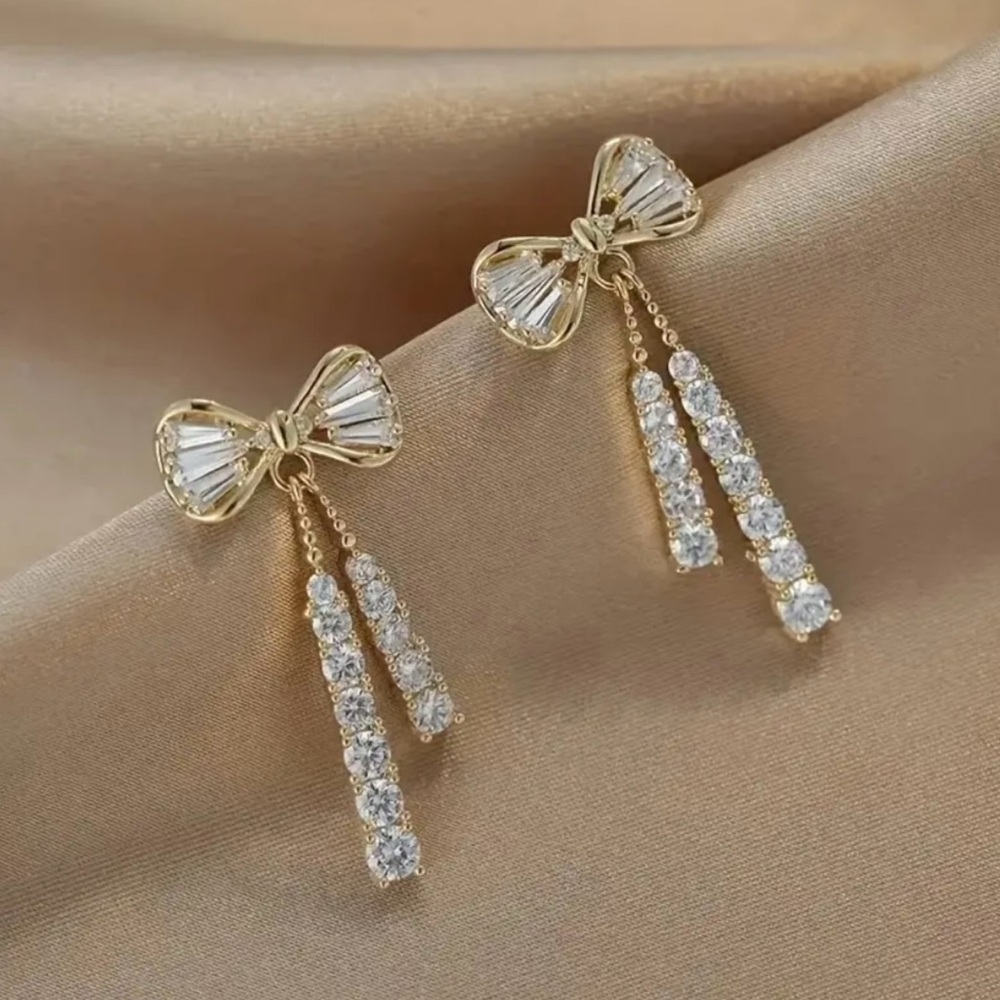 Bow stud dangle earrings coquette zircon earrings, gold trendy bow jewelry